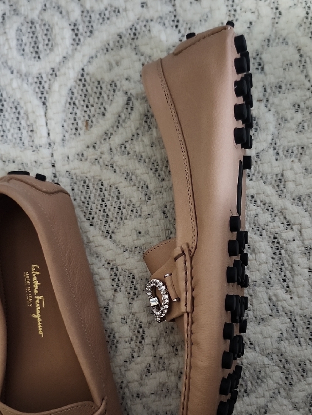 Salvatore Ferragamo Pink-Tan Leather Crystal Gancini Loafers - Picture 2 of 4